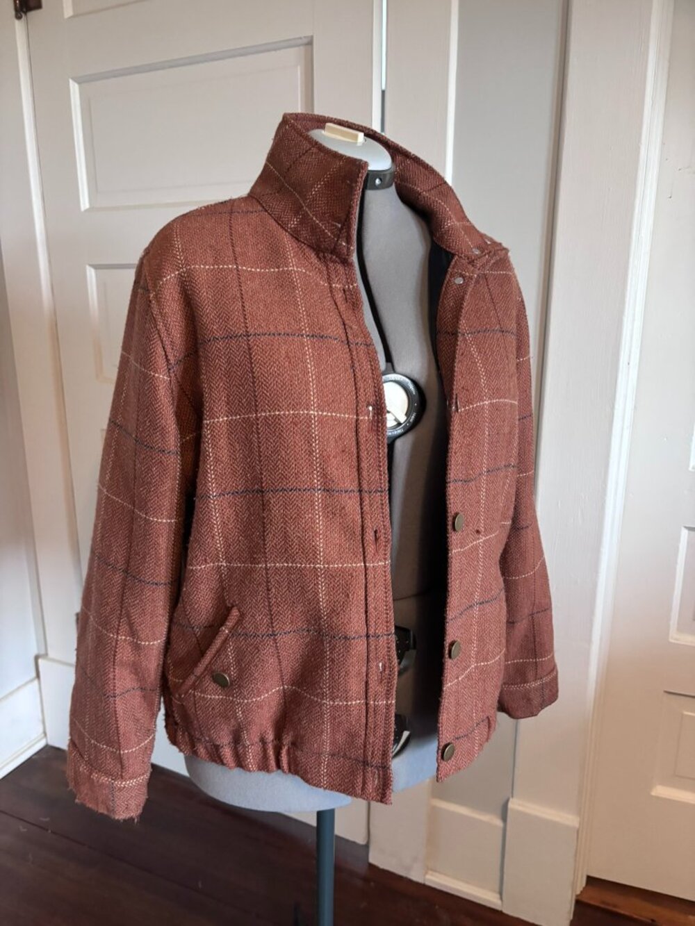 Christopher & Banks Rust Orange Windowpane Plaid Tweed Bomber Jacket Vintage XL
